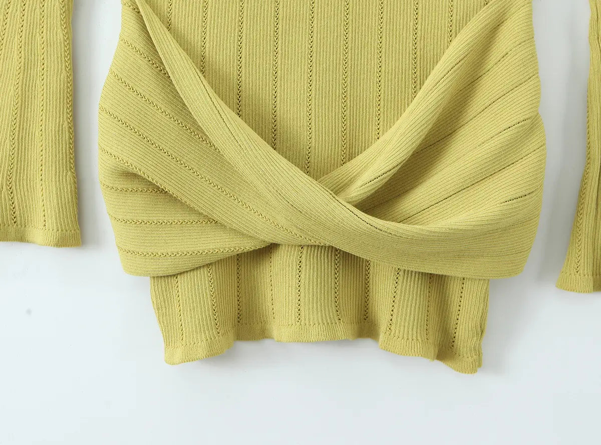 Open-Knit Ribbed Bell Sleeve Mini Dress with Hip Knot