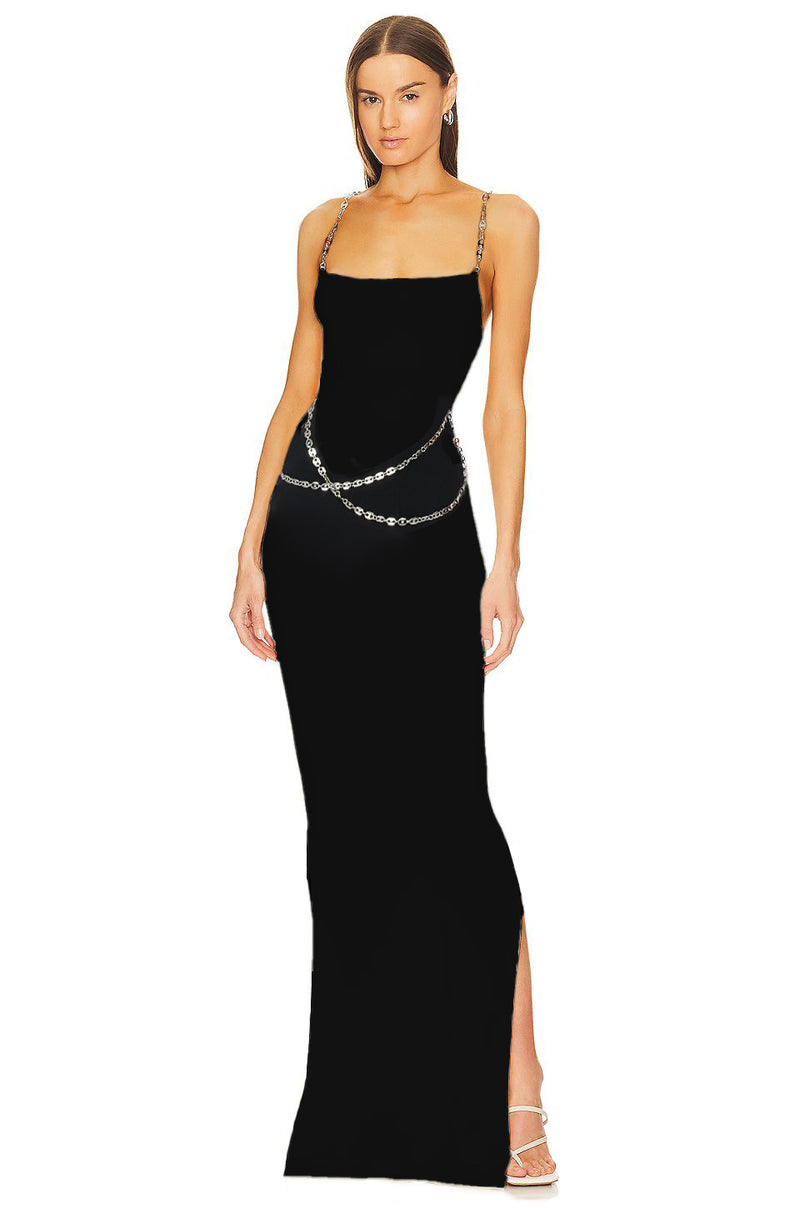 Metal-Chain Strap Bodycon Slit Black Dress