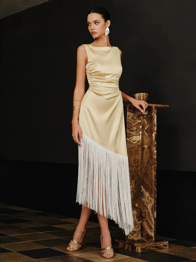 Bateau Neck Sleeveless Satin Fringe Splicing Dress