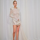 Crew-Neck Rhinestone-Embellished Guipure Lace Long-Sleeve Dress