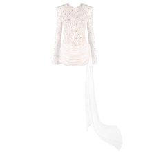 Crew-Neck Rhinestone-Embellished Guipure Lace Long-Sleeve Dress