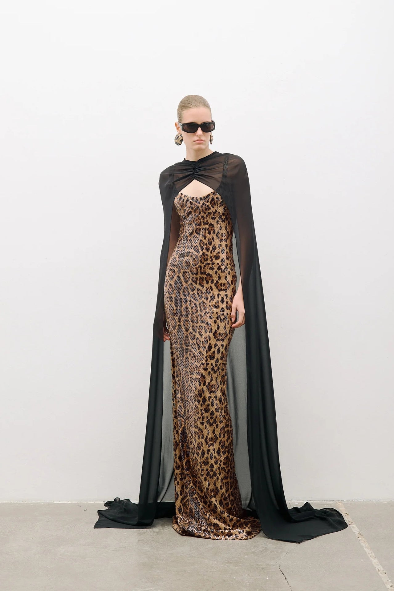 Two-Piece Sequin Leopard Spaghetti Strap Dress with Pullover Cape