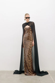 Two-Piece Sequin Leopard Spaghetti Strap Dress with Pullover Cape