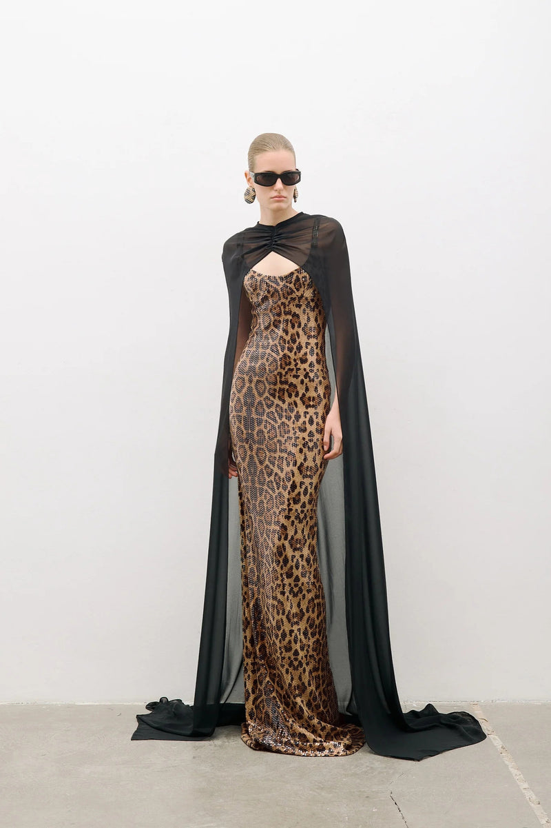 Two-Piece Sequin Leopard Spaghetti Strap Dress with Pullover Cape