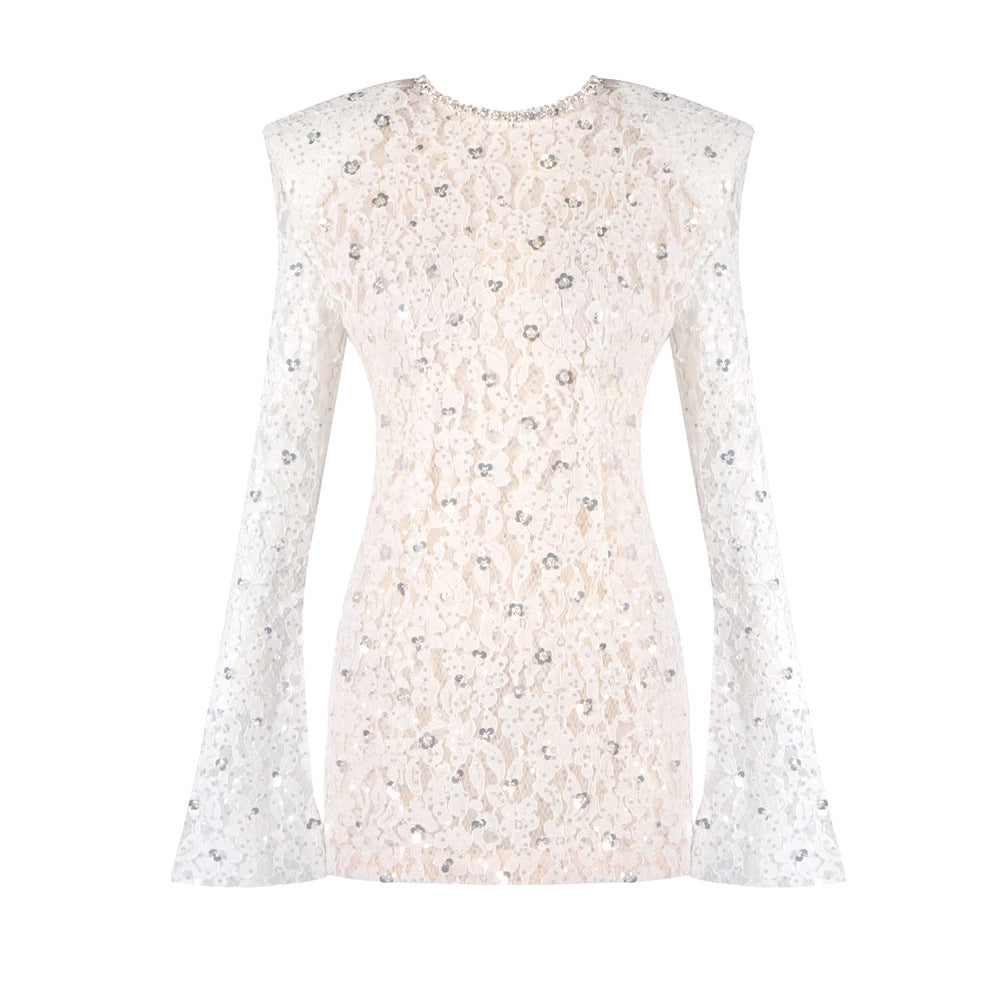 Crew-Neck Rhinestone-Embellished Guipure Lace Long-Sleeve Dress