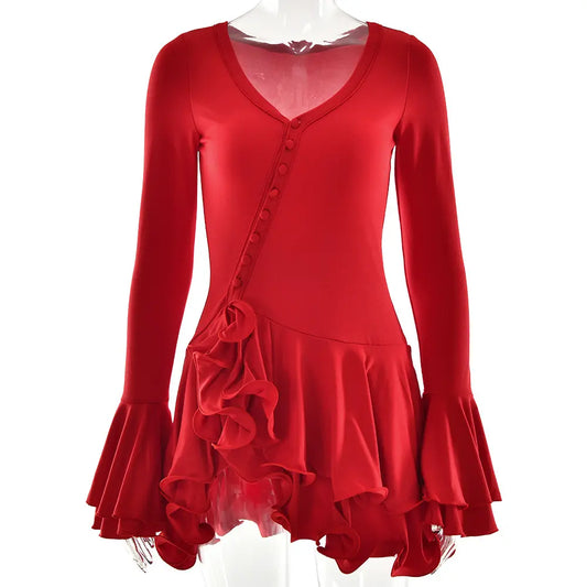 Asymmetrical Button-Front Ruffle Mini Long-Sleeve Dress