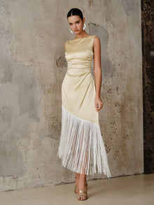 Bateau Neck Sleeveless Satin Fringe Splicing Dress