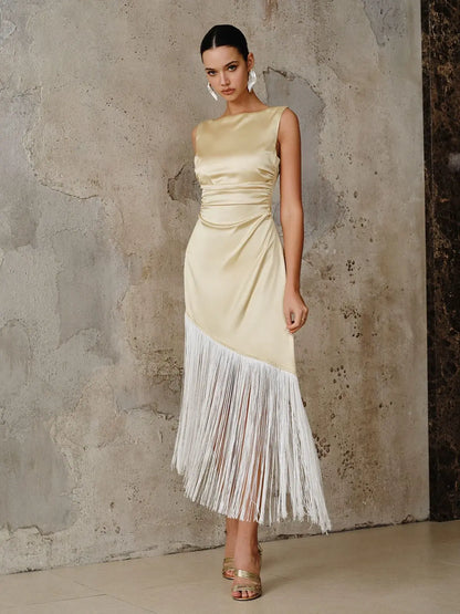 Bateau Neck Sleeveless Satin Fringe Splicing Dress
