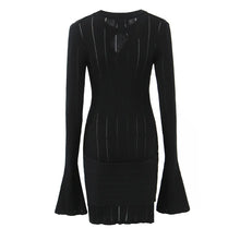Open-Knit Ribbed Bell Sleeve Mini Dress with Hip Knot