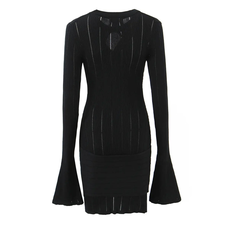 Open-Knit Ribbed Bell Sleeve Mini Dress with Hip Knot