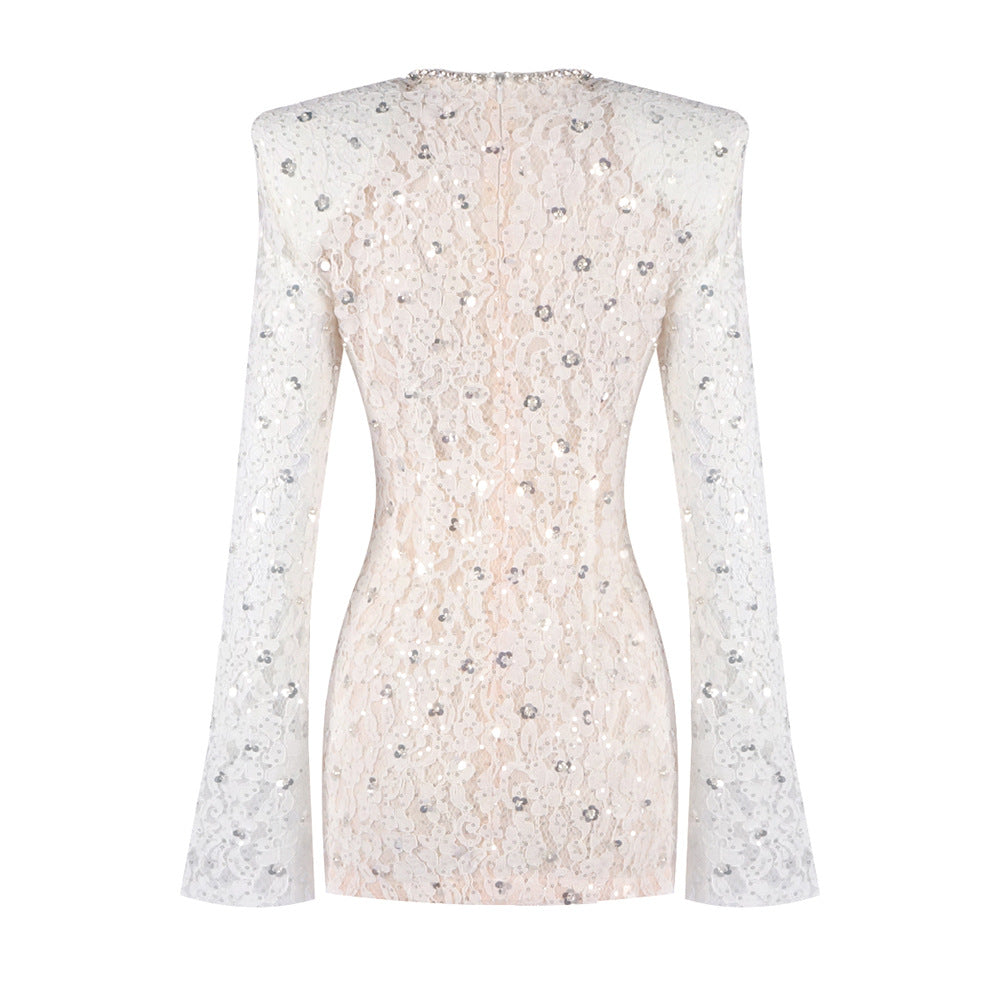 Crew-Neck Rhinestone-Embellished Guipure Lace Long-Sleeve Dress