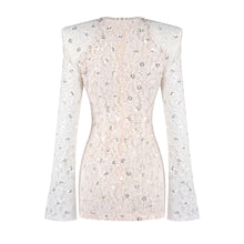 Crew-Neck Rhinestone-Embellished Guipure Lace Long-Sleeve Dress