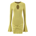 Open-Knit Ribbed Bell Sleeve Mini Dress with Hip Knot