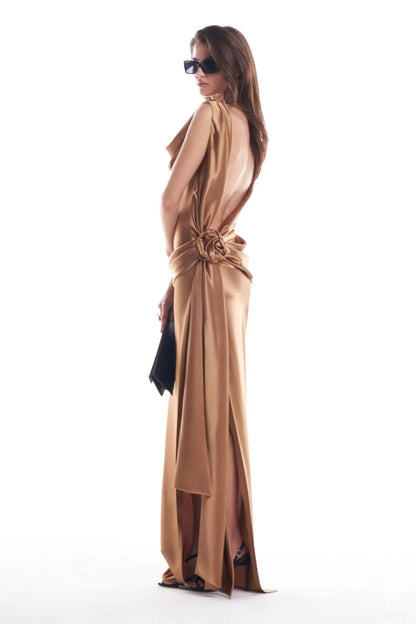 Backless Satin Floral Waist Dress
