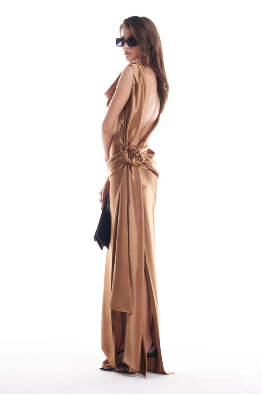 Backless Satin Floral Waist Dress