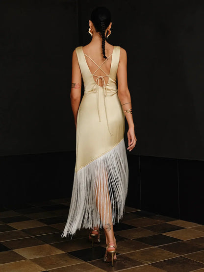 Bateau Neck Sleeveless Satin Fringe Splicing Dress