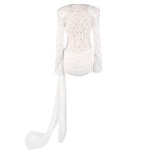 Crew-Neck Rhinestone-Embellished Guipure Lace Long-Sleeve Dress