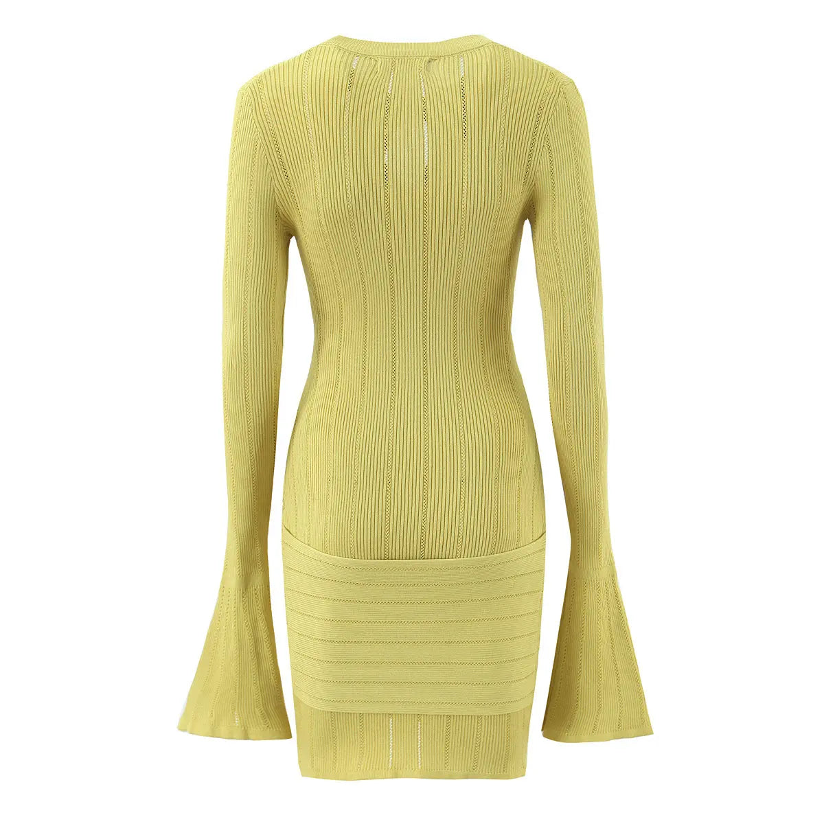 Open-Knit Ribbed Bell Sleeve Mini Dress with Hip Knot