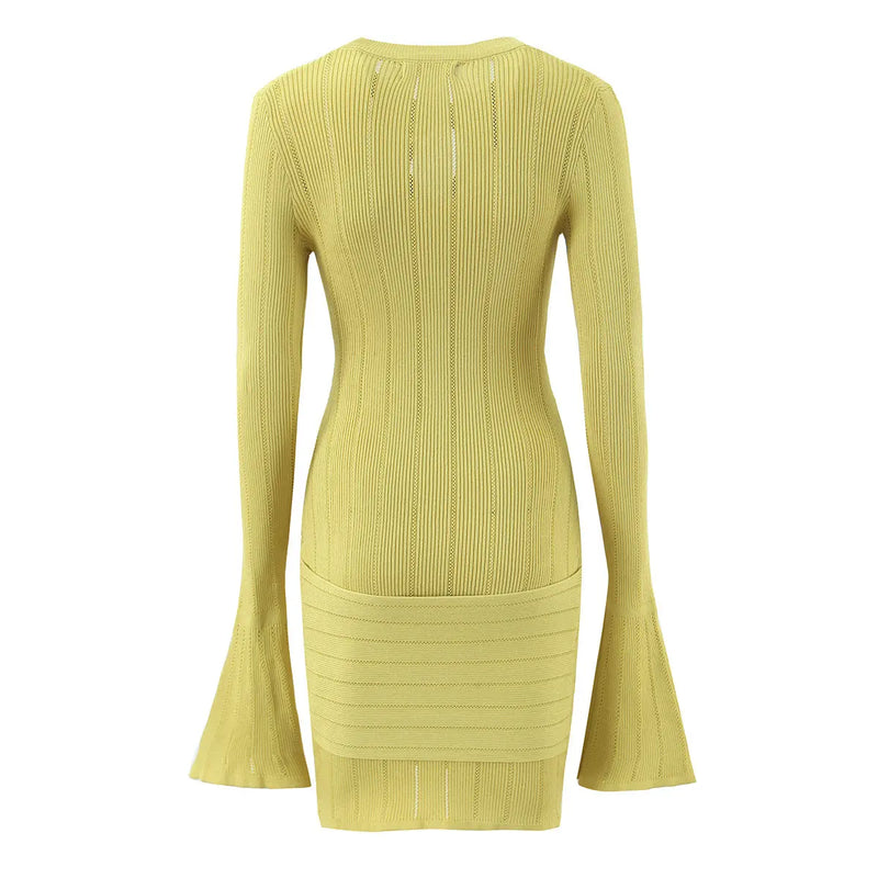 Open-Knit Ribbed Bell Sleeve Mini Dress with Hip Knot