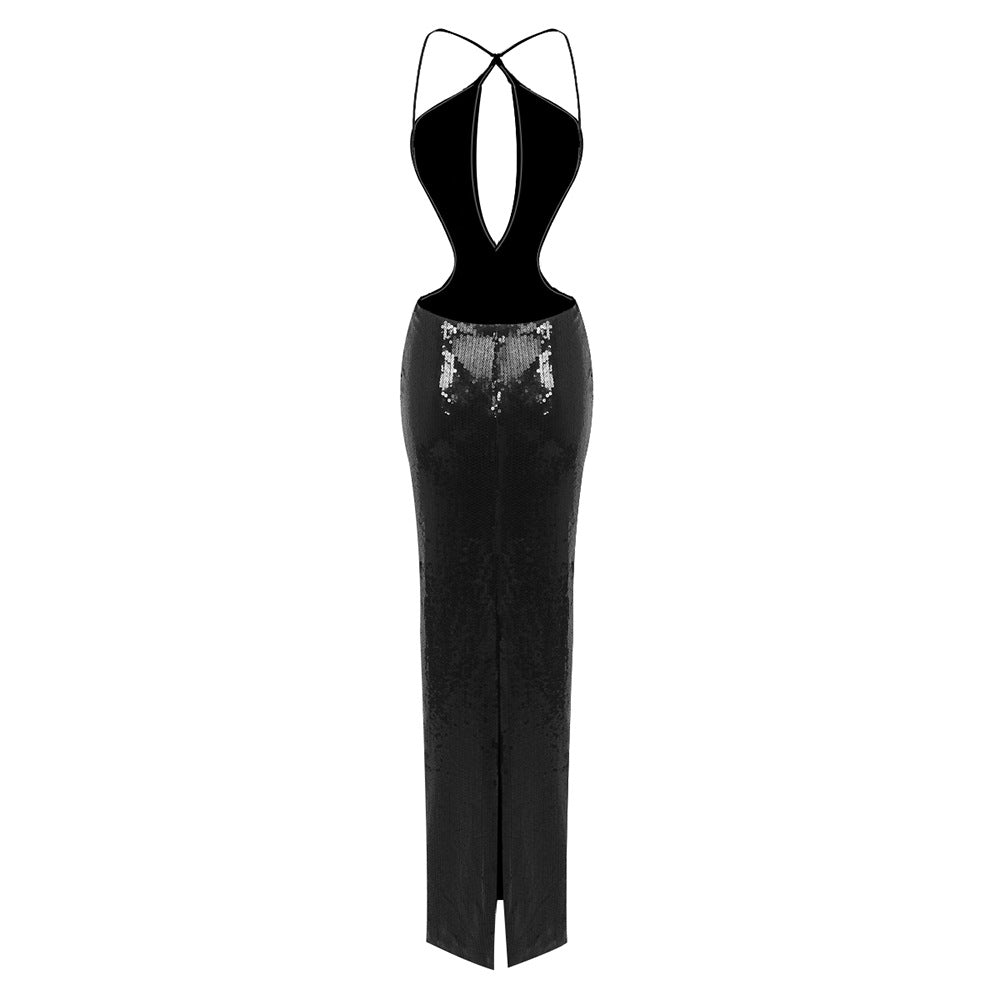 Sequin Halter Front-Center Cutout Back-Slit Dress