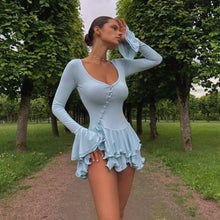 Asymmetrical Button-Front Ruffle Mini Long-Sleeve Dress