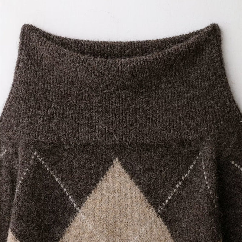 Collared Off-Shoulder Long-Sleeve Argyle Knit Sweater