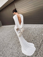 Boat-Neck Draped Open-Back Long-Sleeve Dress