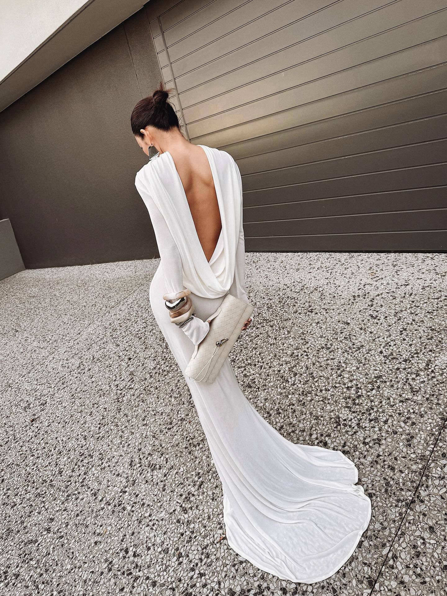 Boat-Neck Draped Open-Back Long-Sleeve Dress