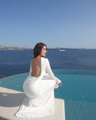 Boat-Neck Draped Open-Back Long-Sleeve Dress