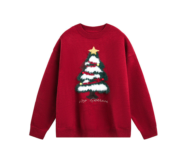 Red Christmas-Themed Crew-Neck Long-Sleeve Sweater