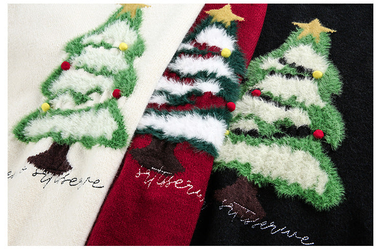 Crew-Neck Festive Black Long-Sleeve Knitted Sweater