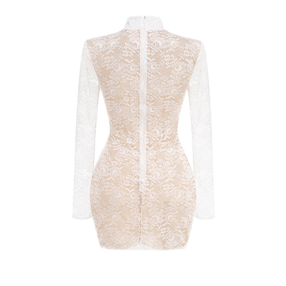 High-Neck Long-Sleeve Corset-Inspired Lace Mini Dress