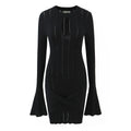 Open-Knit Ribbed Bell Sleeve Mini Dress with Hip Knot