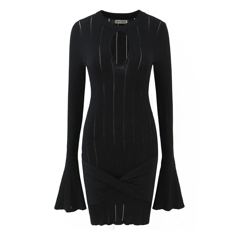 Open-Knit Ribbed Bell Sleeve Mini Dress with Hip Knot