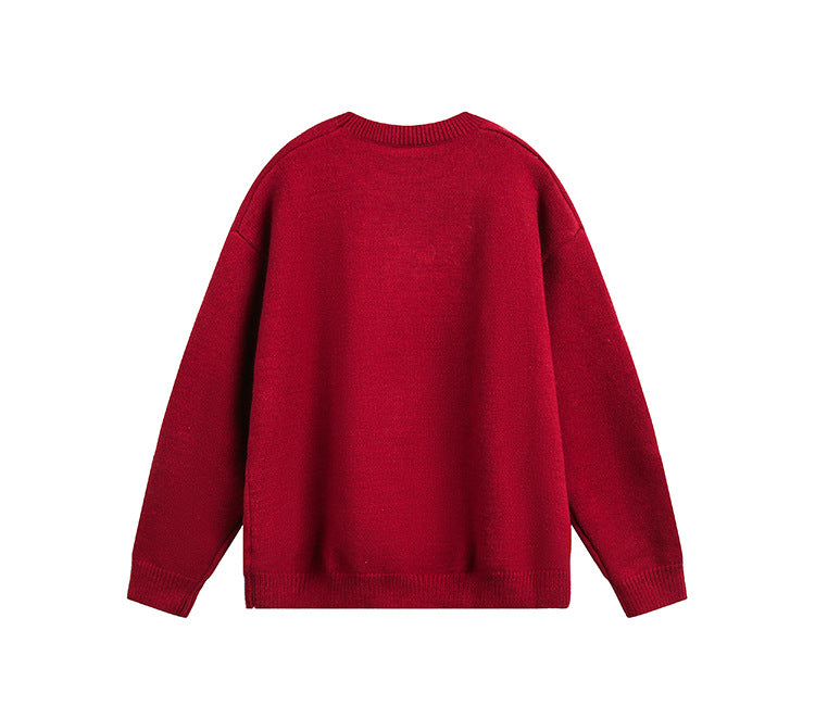 Red Christmas-Themed Crew-Neck Long-Sleeve Sweater