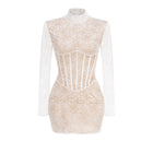 High-Neck Long-Sleeve Corset-Inspired Lace Mini Dress