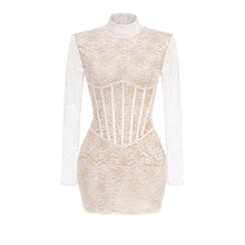 High-Neck Long-Sleeve Corset-Inspired Lace Mini Dress