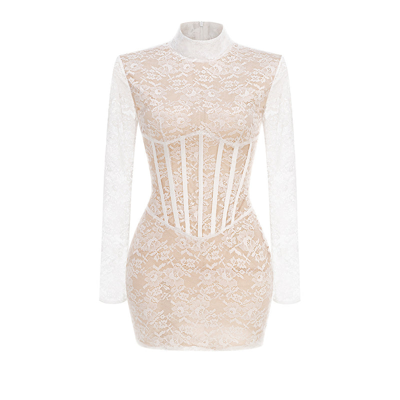 High-Neck Long-Sleeve Corset-Inspired Lace Mini Dress