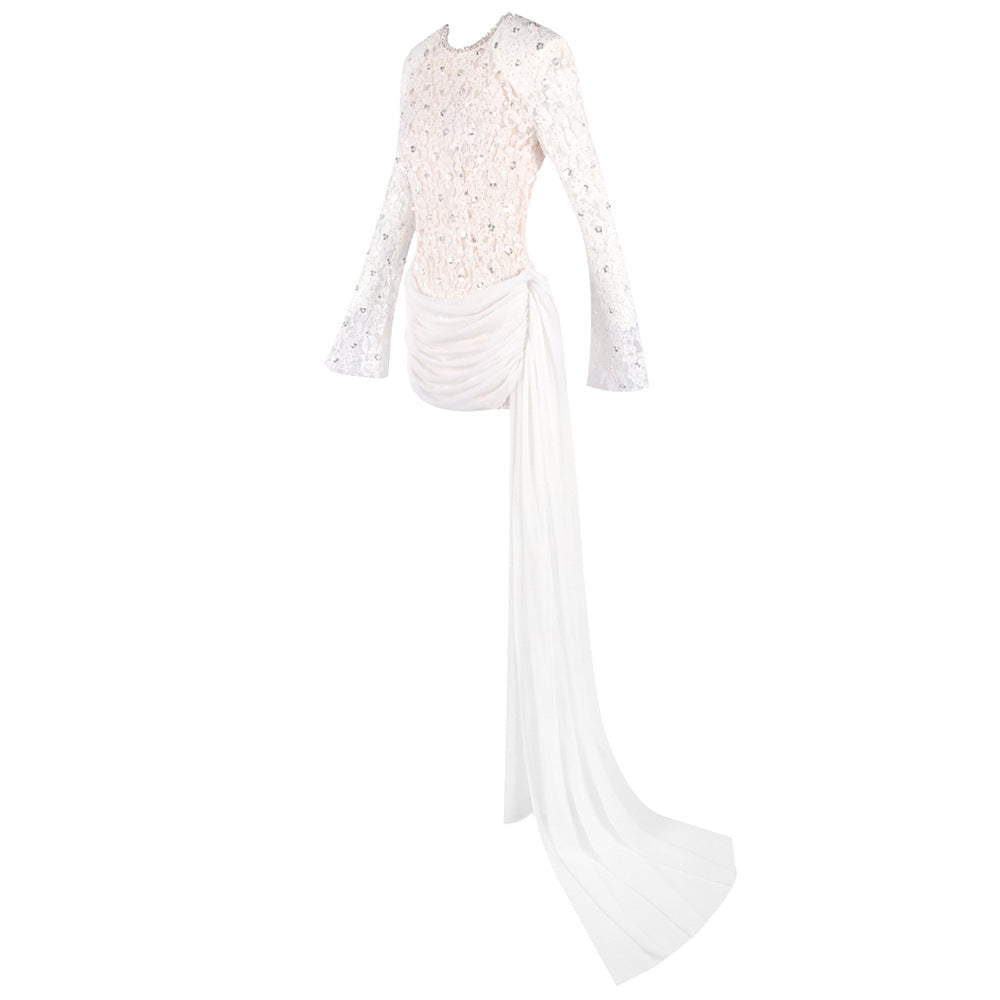 Crew-Neck Rhinestone-Embellished Guipure Lace Long-Sleeve Dress