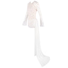 Crew-Neck Rhinestone-Embellished Guipure Lace Long-Sleeve Dress