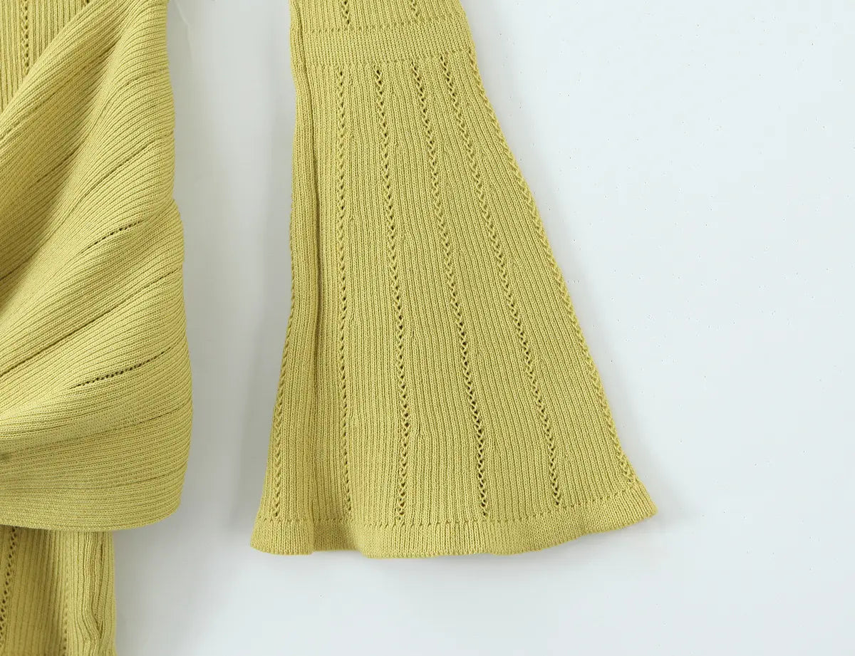 Open-Knit Ribbed Bell Sleeve Mini Dress with Hip Knot