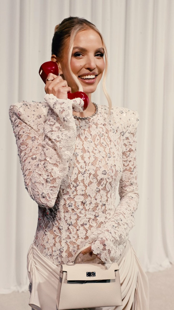 Crew-Neck Rhinestone-Embellished Guipure Lace Long-Sleeve Dress