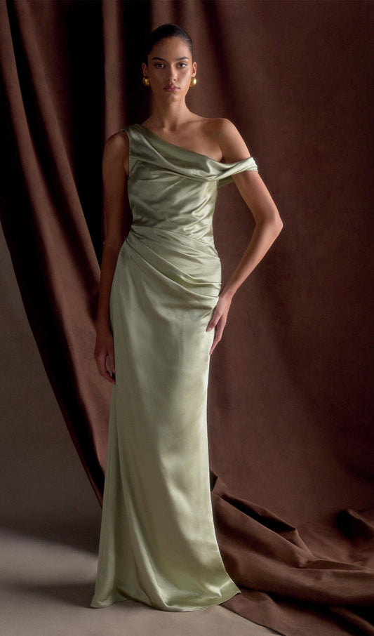 Off Shoulder Satin Maxi Dress