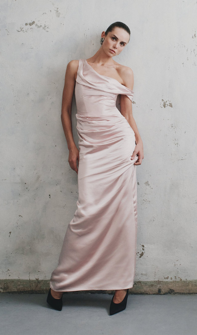 Off Shoulder Satin Maxi Dress