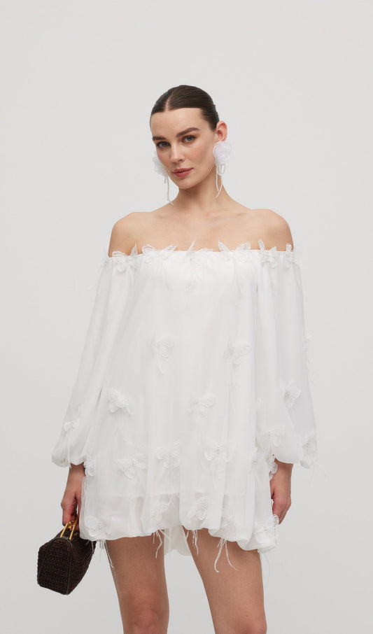 Off Shoulder With Butterfly Embellished Mini Dress