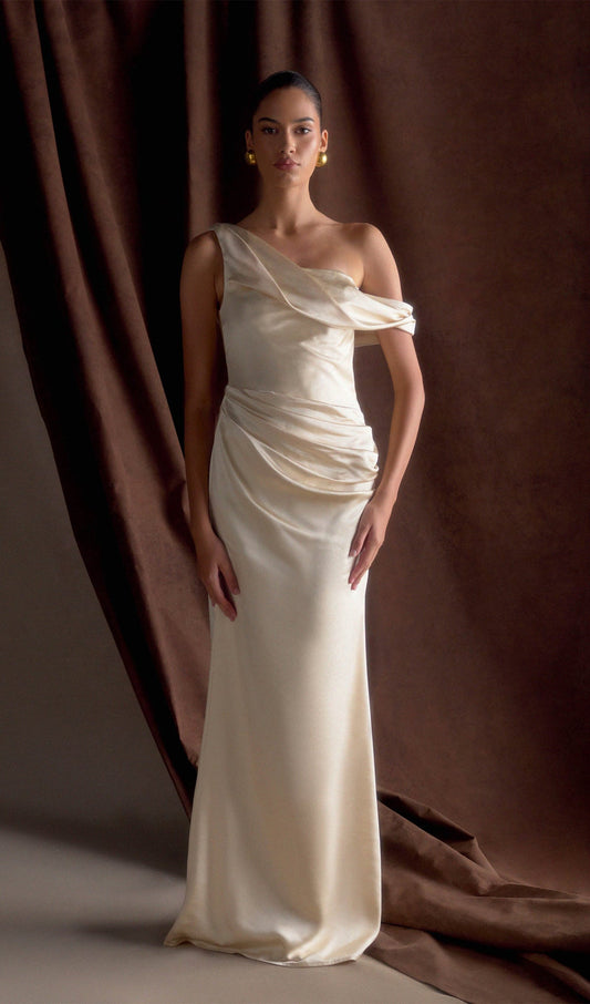 Off Shoulder Satin Maxi Dress