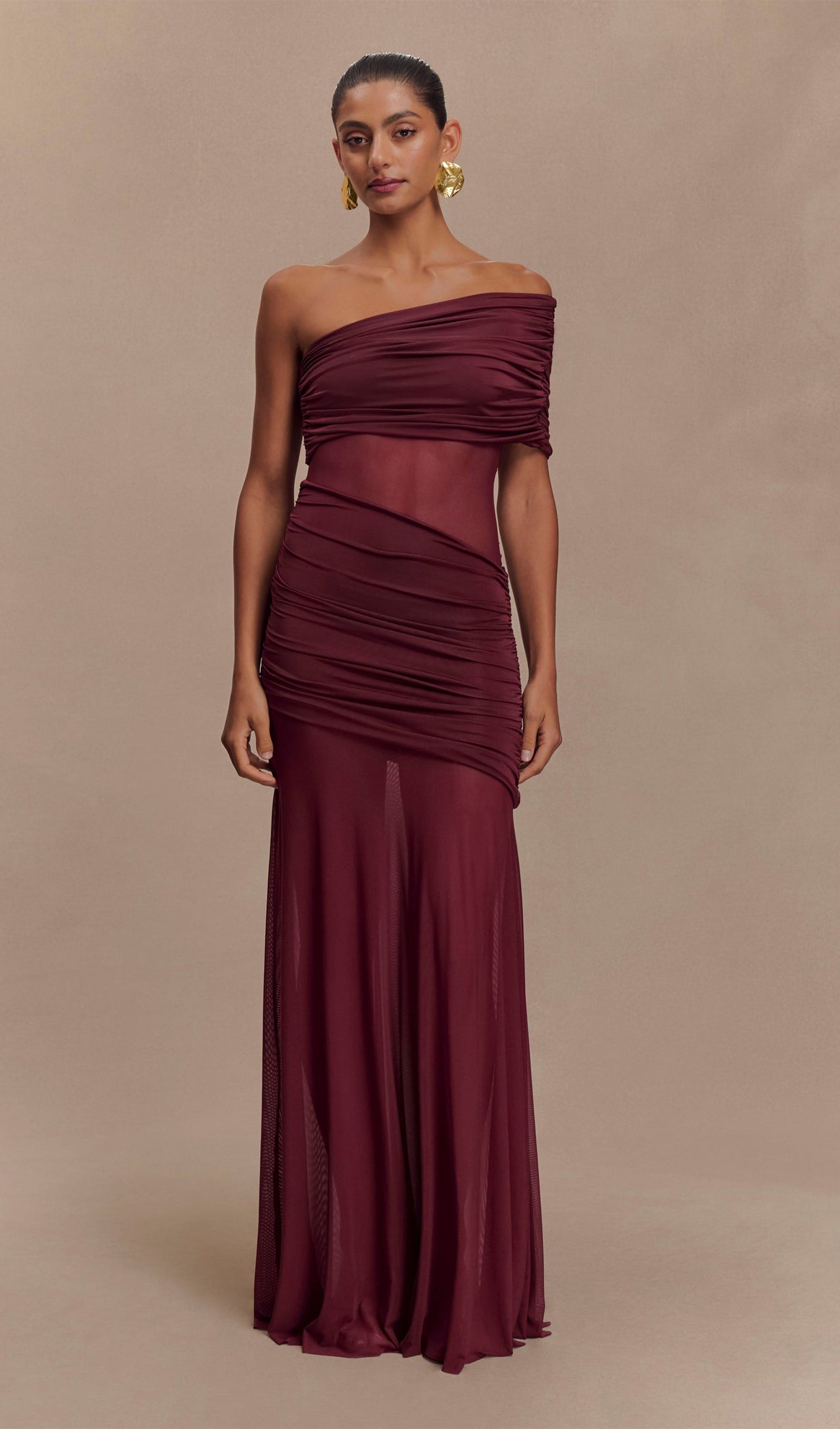One Shoulder Mesh Maxi Dress