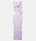 Draped Cowl Neck Side Slit 3D Floral Dress