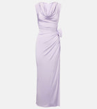 Draped Cowl Neck Side Slit 3D Floral Dress
