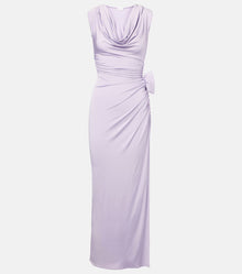 Draped Cowl Neck Side Slit 3D Floral Dress